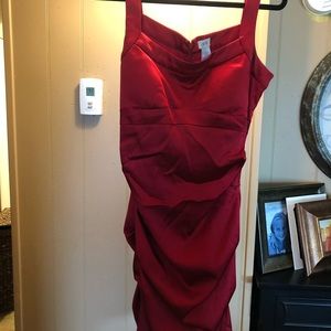 Red satin ruched midi dress